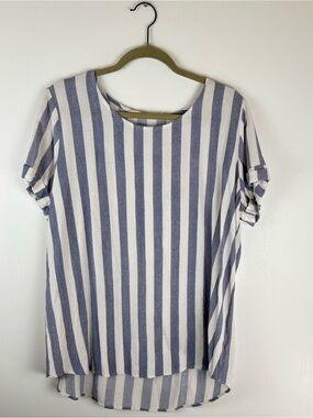 Soft Surroundings Womens Large Blouse Top Short Sleeves Stripe Blue White